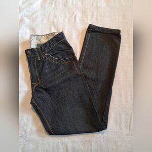 Division E mens size 31 dark wash denim jeans, distressed, contrast stitching